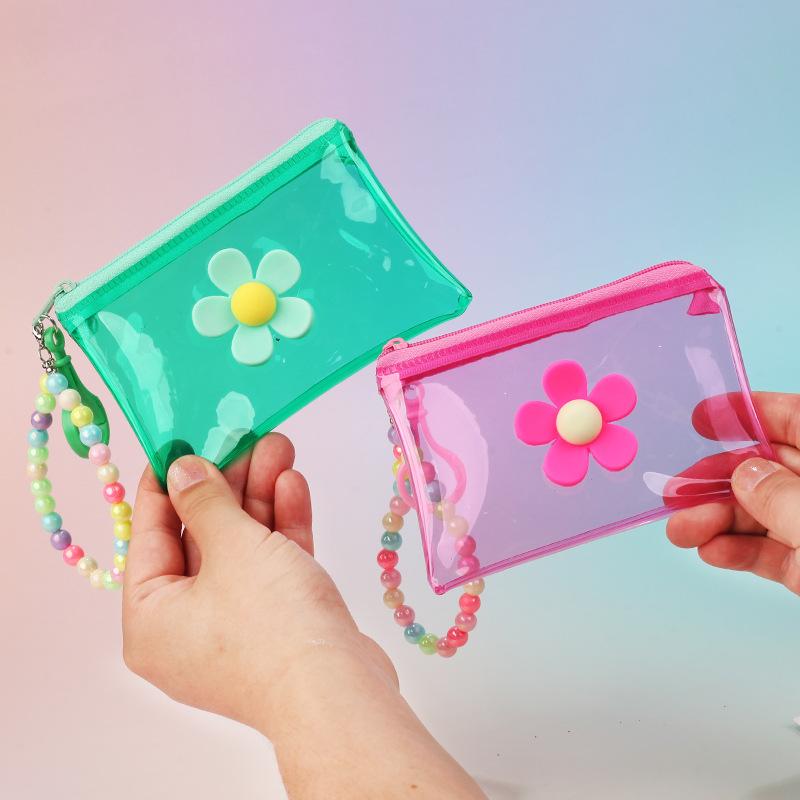 Portable Flower Bead Chain Coin Purse Pvc Zipper Small Wallet Colorful Transparent Storage Bag