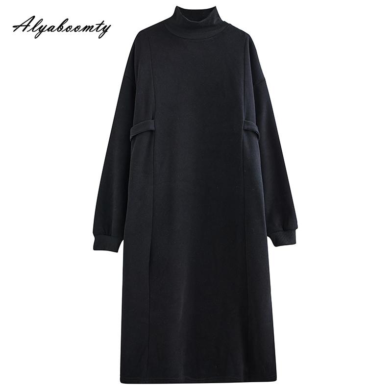 Korean Fashion Plus Size Autumn Winter Women Warm Midi Knitting Dress Turtleneck Black Brown Fleece Dress Long Sleeve Casual Loose Dress With Pockets