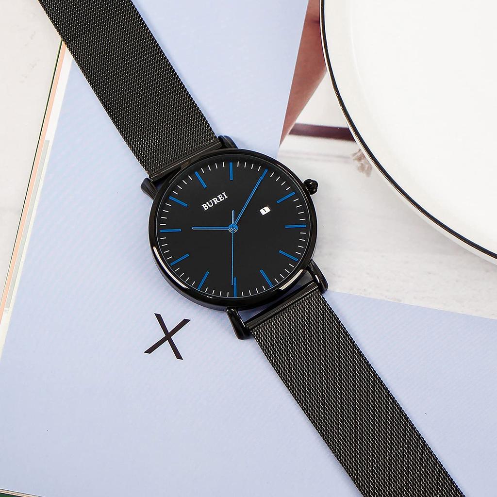Часы простые водонепроницаемые аналоговые популярные часы бренда стильные миланские сетчатые часы W14 [BUREI] мужские мужские