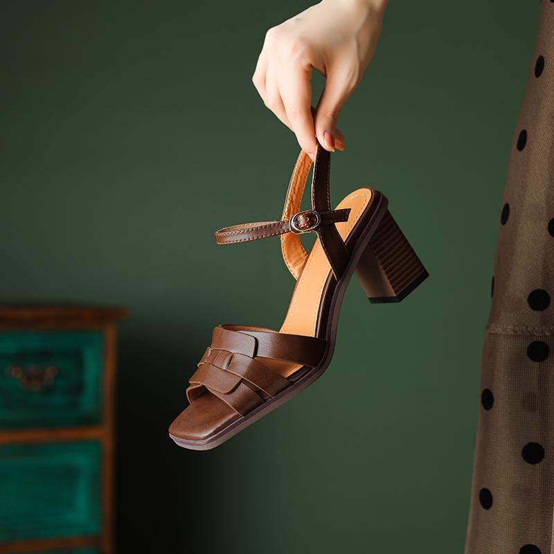 Fashion 2024 Summer Sandals Women Shoes Open Toe Chunky Heel Sandals High Heels Sandals for Women Handmade Genuine Leather Sandals