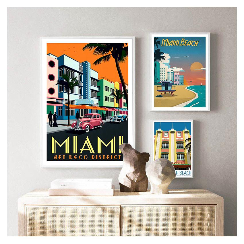 Travel Canvas Paintings Vintage Wall Kraft Posters Coated Stickers Home Decor Pictures Florida Miami Beach America