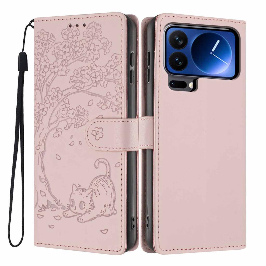 For Xiaomi 17 Pro Max Stand Case Tree-and-Cat Pattern PU Leather Wallet Protective Phone Cover with Wrist Strap