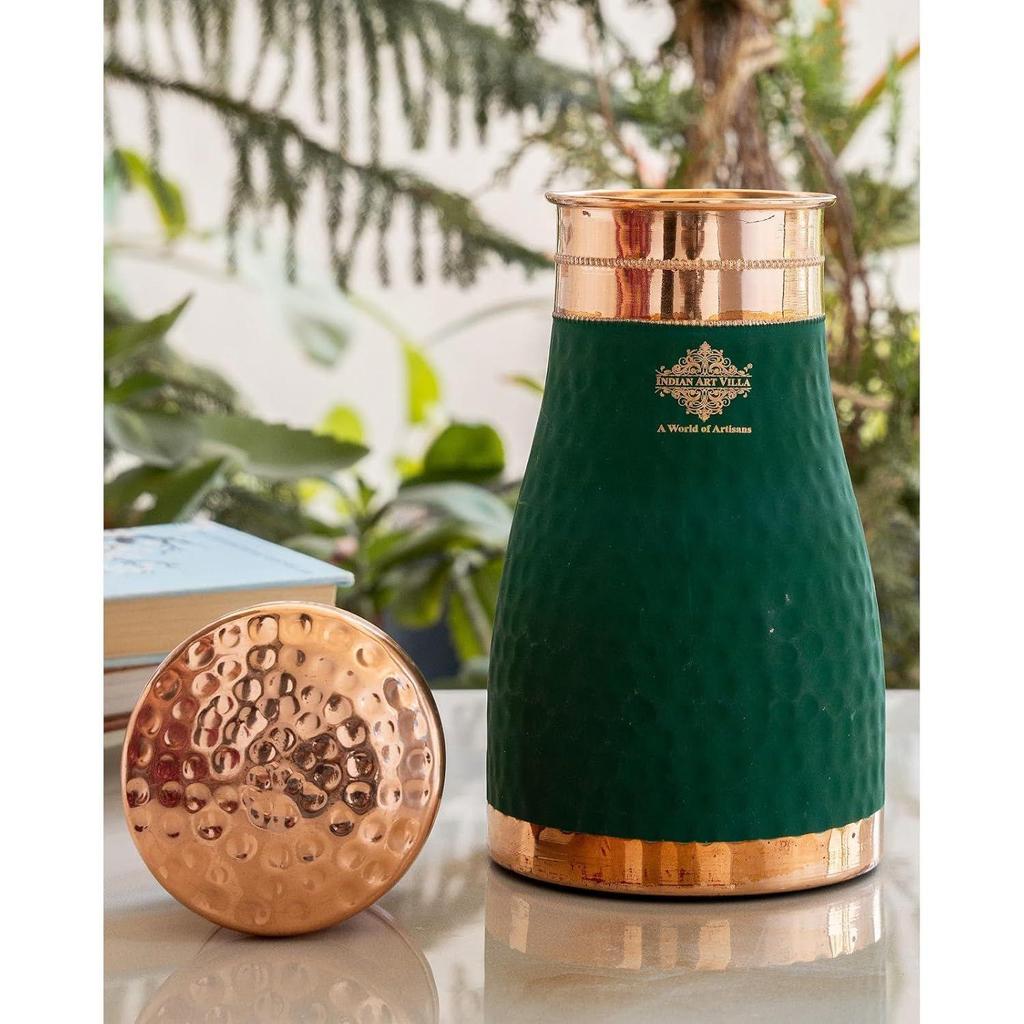 Pure Copper Bedroom Water Bottle with Inbuilt Glass, Green Silk Finish Hammered Design, Drinkware & Storage Purpose