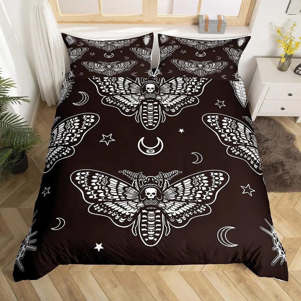 Death Moth Duvet Cover Set King Queen Full Twin Size Galaxy Sun and Moon Polyester Comforter Cover Boho Gothic Skull Bedding Set