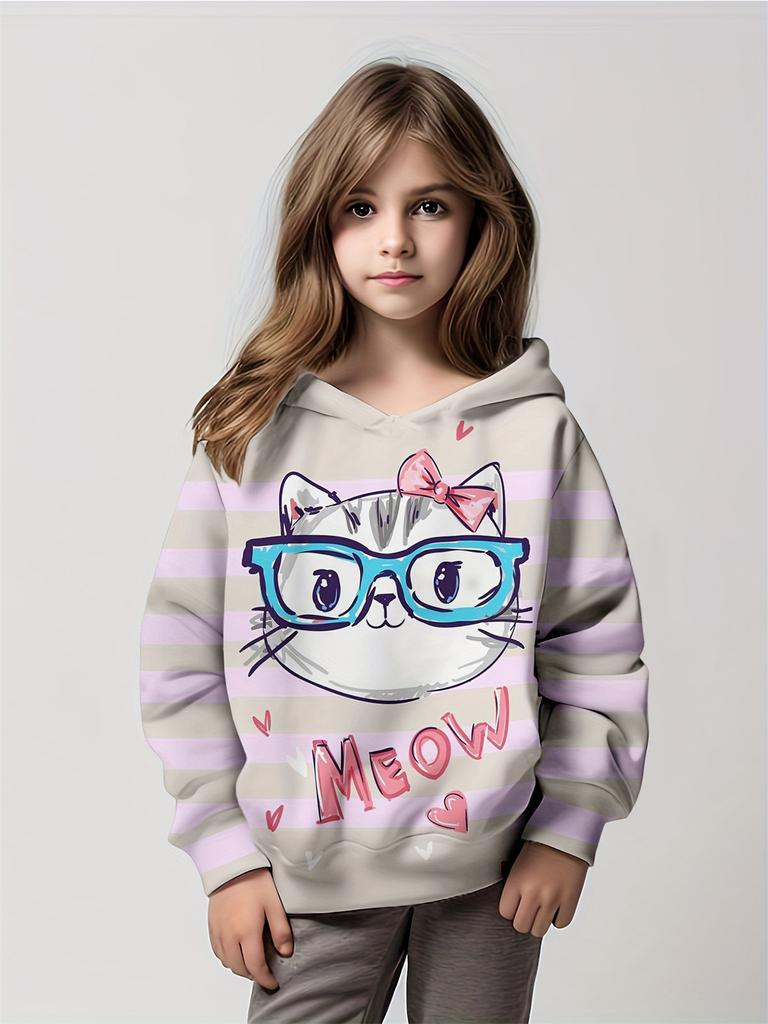Толстовка с капюшоном для девочек с рисунком кота из мультфильма, детская одежда для девочек от 1 до 12 лет, удобная толстовка с длинным рукавом, детская одежда