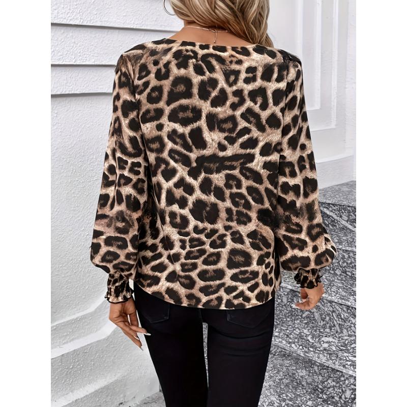Women's V-Neck Leopard Print Loose Long Sleeve Casual Top