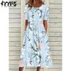 Women's Fashion Summer Spring Flower Pattern Print Short Sleeve O-Neck Loose Waistline Casual Dresses