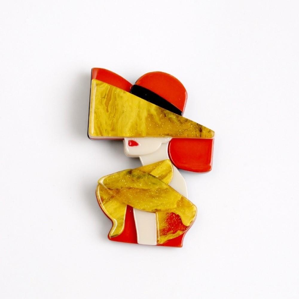 Cartoon Women Portrait Pin Acrylic Girl Badge Retro Lady with Hat Brooch