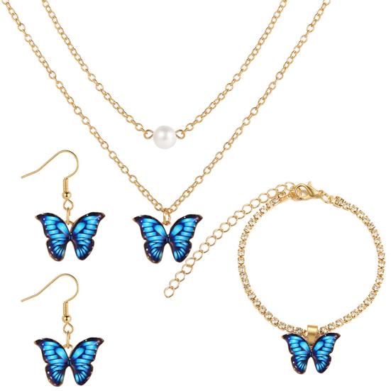 1 Set Dual Layers Butterflies Necklace Elegant Earrings Rhinestone Inlay Bracelet Jewelry Kit Accessories