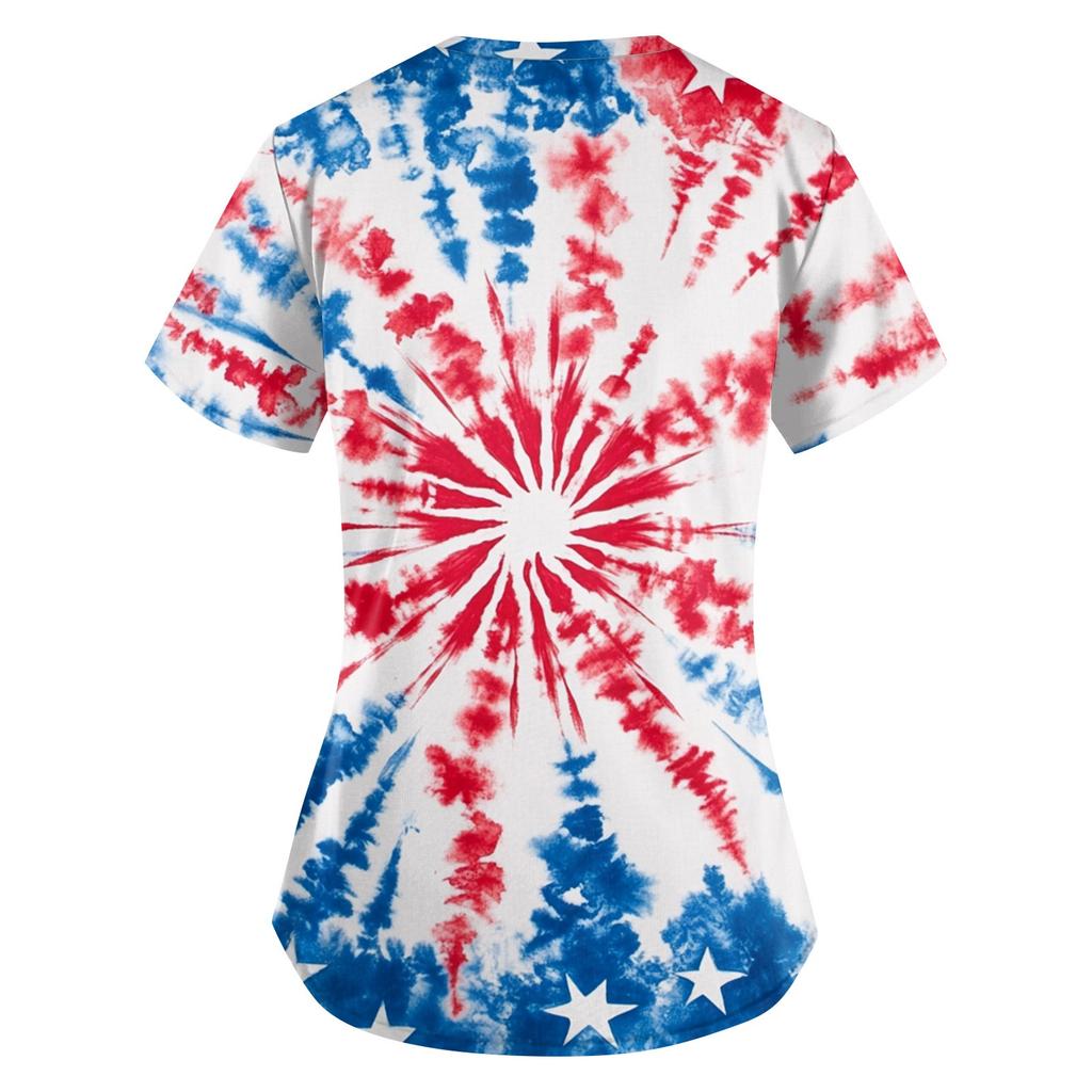 Women's Fashion V-neck Short-sleeved Work Dress With Pockets Independence Day Printed Top Carer Suit