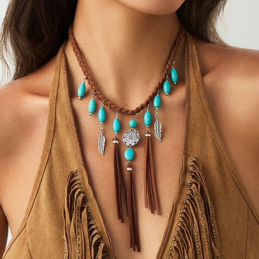 Ingemark Ethnic Stone Tassel Link Pendant Choker Necklace Women New Trend Vintage Adjustable Clavicle Chain Party Jewelry Gift