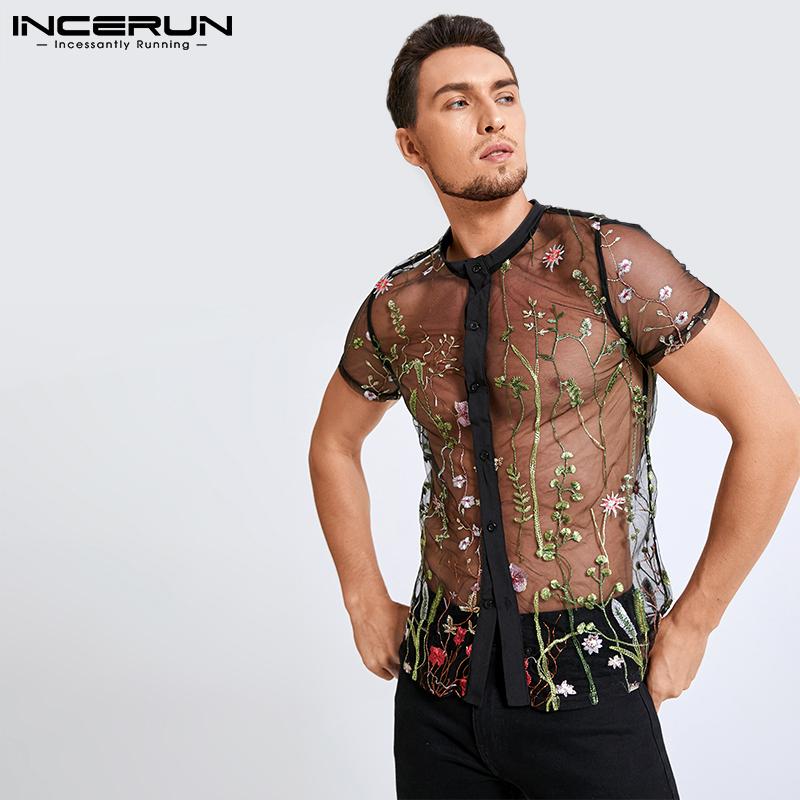 INCERUN Мужские прозрачные рубашки с короткими рукавами и вышивкой, тонкие летние топы для клубных вечеринок с перспективой