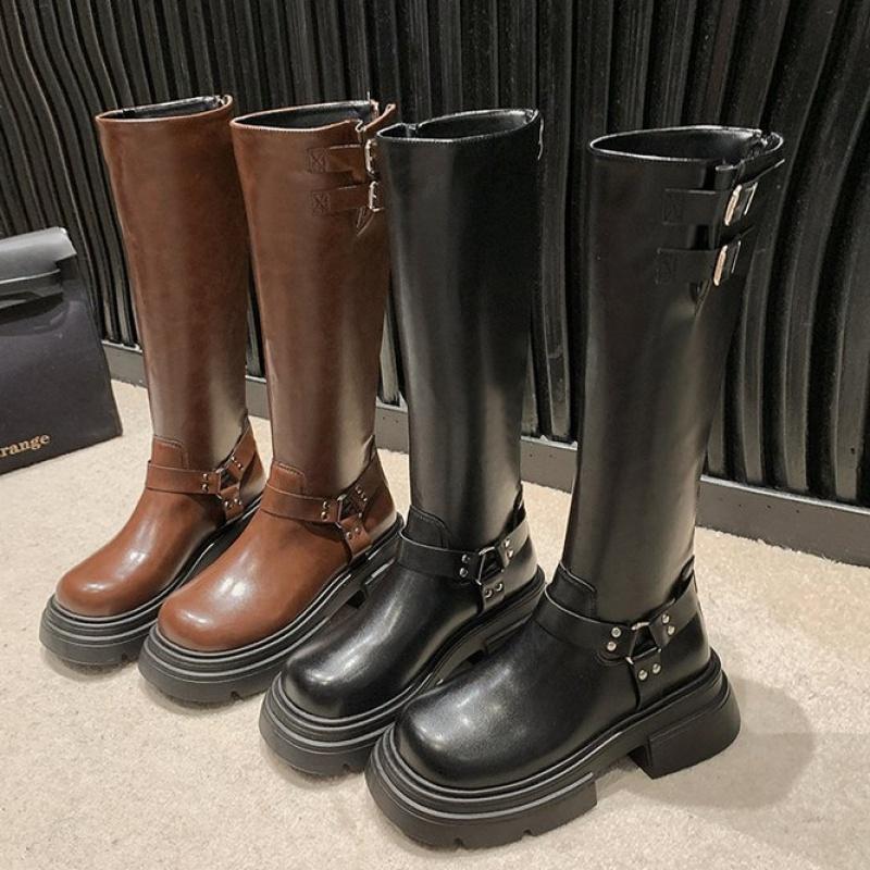 ЖЕНСКИЕ сапоги в стиле панк с массивной металлической пряжкой, высокие, до колена, осенние, новые, сексуальные, тонкие, черные, из кожи, с квадратным каблуком 6 см, туфли для подруги