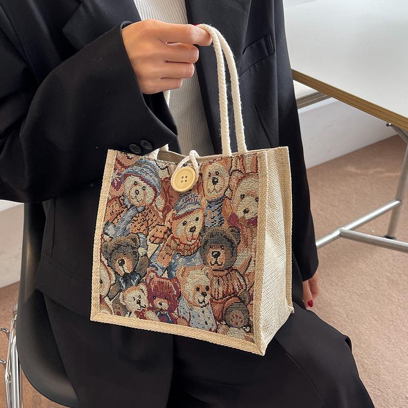 Льняная сумка-тоут, льняная сумка, школьная сумка-ланч-бокс для переноски вручную, симпатичная маленькая холщовая сумка с мультяшным принтом.