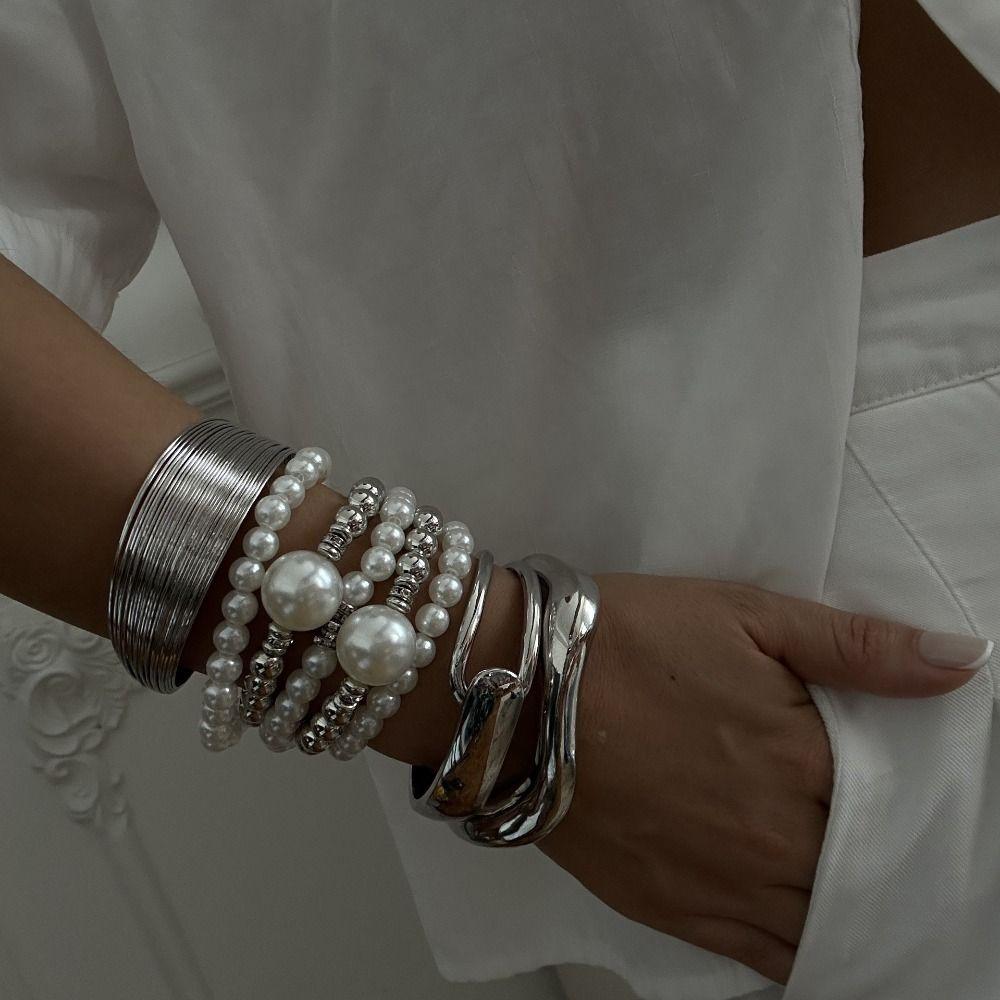 Серебряный металлический браслет с жемчугом, вытяжка проволоки, преувеличенный браслет, жемчужный браслет, для женщин