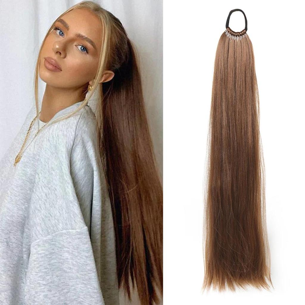 Синтетические наращивания хвоста на эластичной ленте, прямой наращивание хвоста для женщин, длинный прямой мягкий натуральный хвост 24 дюйма