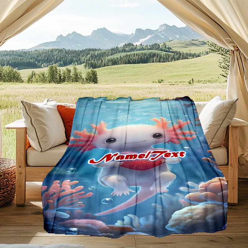 1PC Custom Name Axolotl Heart Underwater outdooor Flannel blankets Throw Blanket All-Season Throw Gift Bedspread for Couch, Bed, Camping Holiday Birth