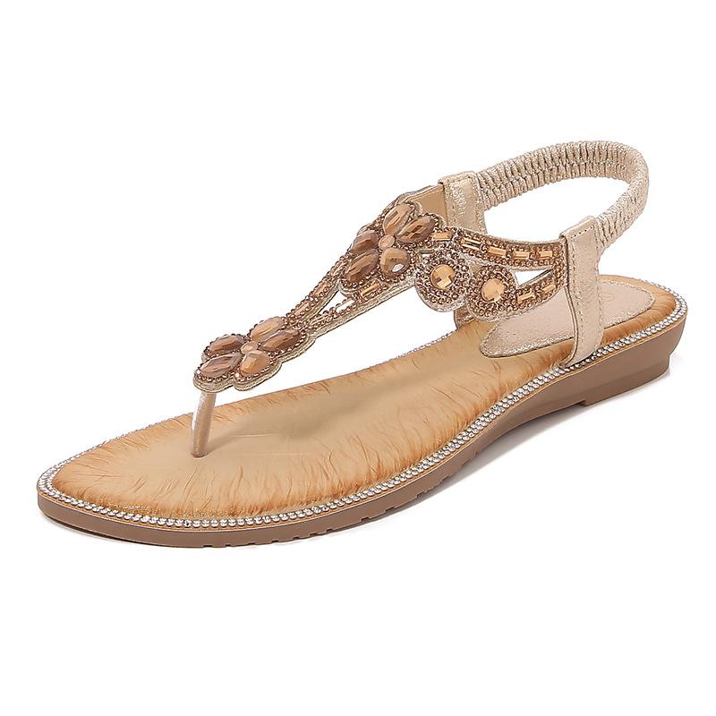 Босоножки большого размера со стразами, с круглым носком, на плоском каблуке, с выемкой, в стиле бохо, удобные женские летние туфли