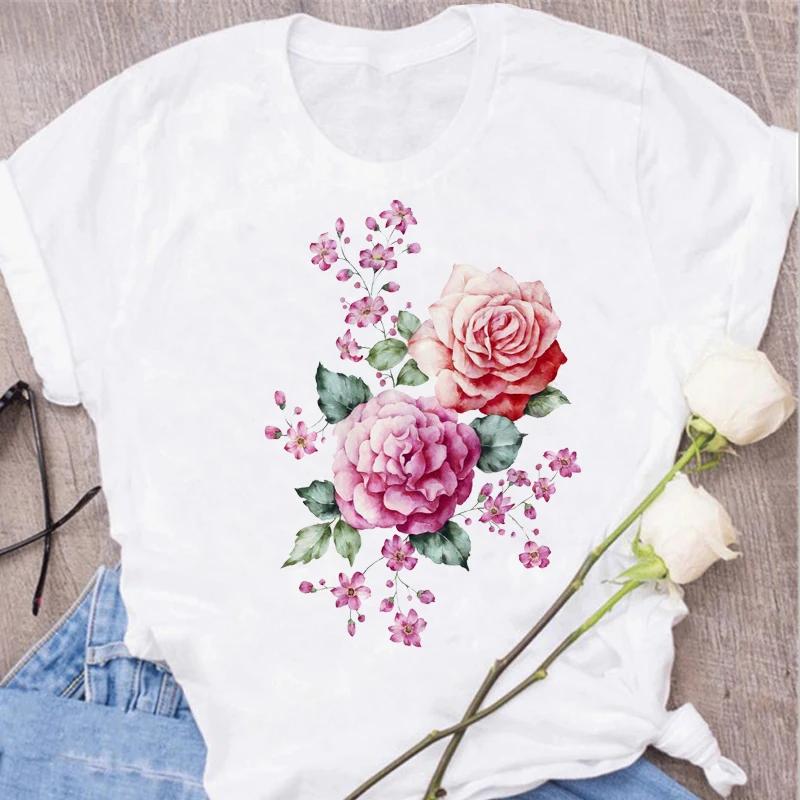 Red Rose Print Women T Shirt Summershort Sleeved Round Neck Harajuku Korean Style Graphic Tops Kawaii Female T-shirt Tops