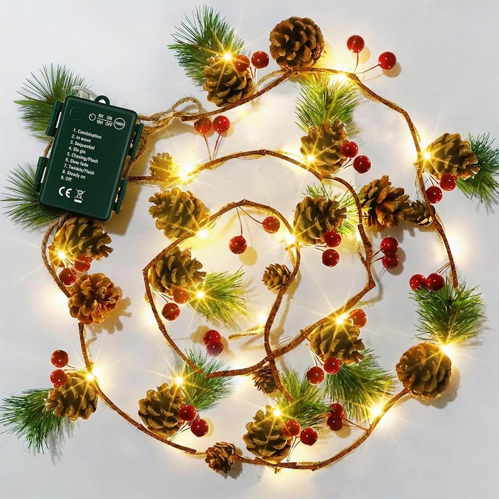 Dazzle Bright Pine Cone Christmas String Lights, Total 6.5FT 20LED Battery Operated Christmas Garland with 8 Modes, Red Berry Pine Cone Fairy String
