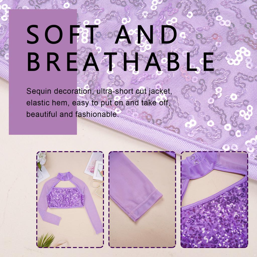 Детский кроп-топ с длинным рукавом, пайетками и сеткой для танцевальных выступлений