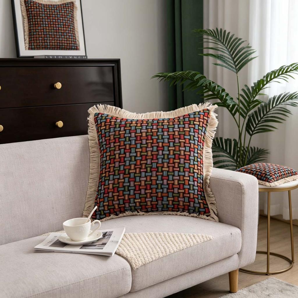 Washable Square Modern Farmhouse Couch Sofa Living Room Outdoor Cushion Decorative Tassel Couch Throw Pillow Covers