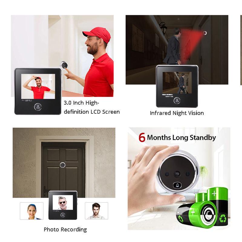 NAIERDI 3" LCD Screen Electronic Door Viewer Bell IR Night Camera Photo Recording Digital Smart Peephole Doorbell
