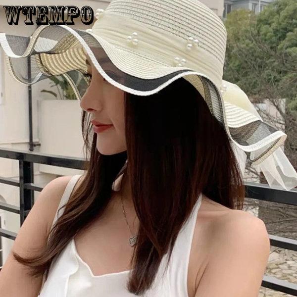 WTEMPO Соломенные шляпы с жемчугом, женские летние пляжные пляжные солнцезащитные козырьки для отдыха, солнцезащитный крем, сандалии с большими полями, однотонные солнцезащитные шляпы