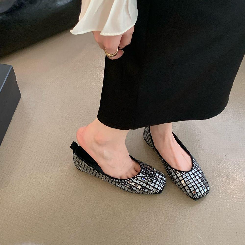 Модные женские туфли-лоферы с круглым носком, цепочкой из кристаллов и страз, 2024, новые поступления, модные черные, серые, розовые, балетки для танцев на открытом воздухе, Janes