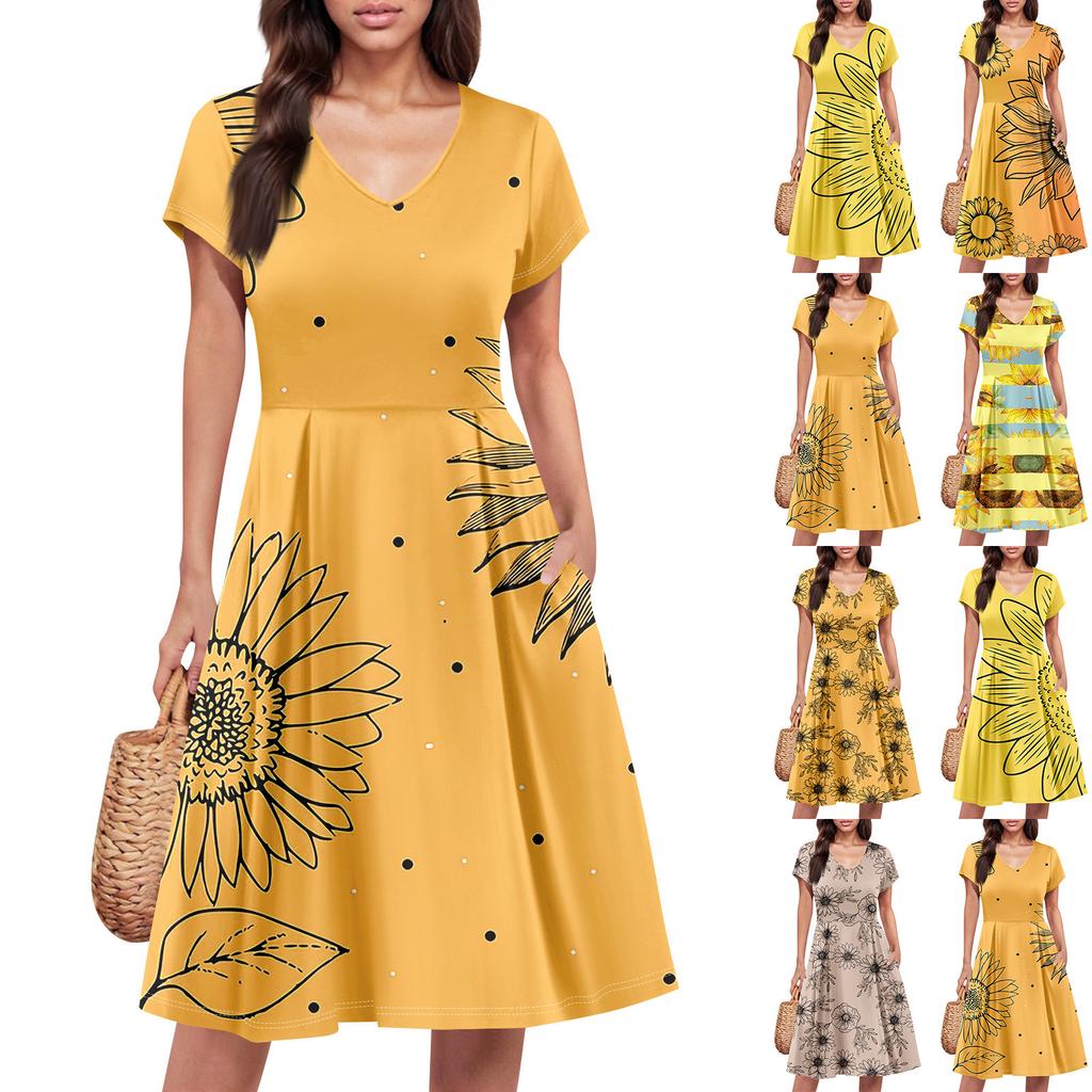 Womens Summer Dress Short Sleeve V Neck Short Dresses Fashion Casual Flowy A Line Swing Sundress With Pocket