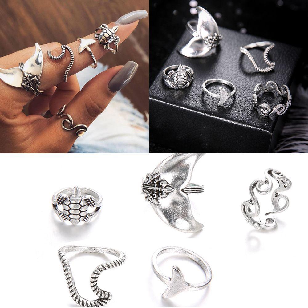 5PCS Geometric Charm Jewelry set Rings Set Whale Tail Waves/Turtle Finger Ring