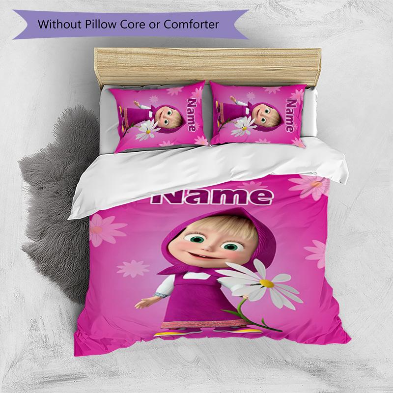 3pcs Masha and the Bear1 Cover Set - Personalized Name, HD Printed Bedding with 1 Cover and 2 Pillowcases - Perfect for Home Decor, Easy Care