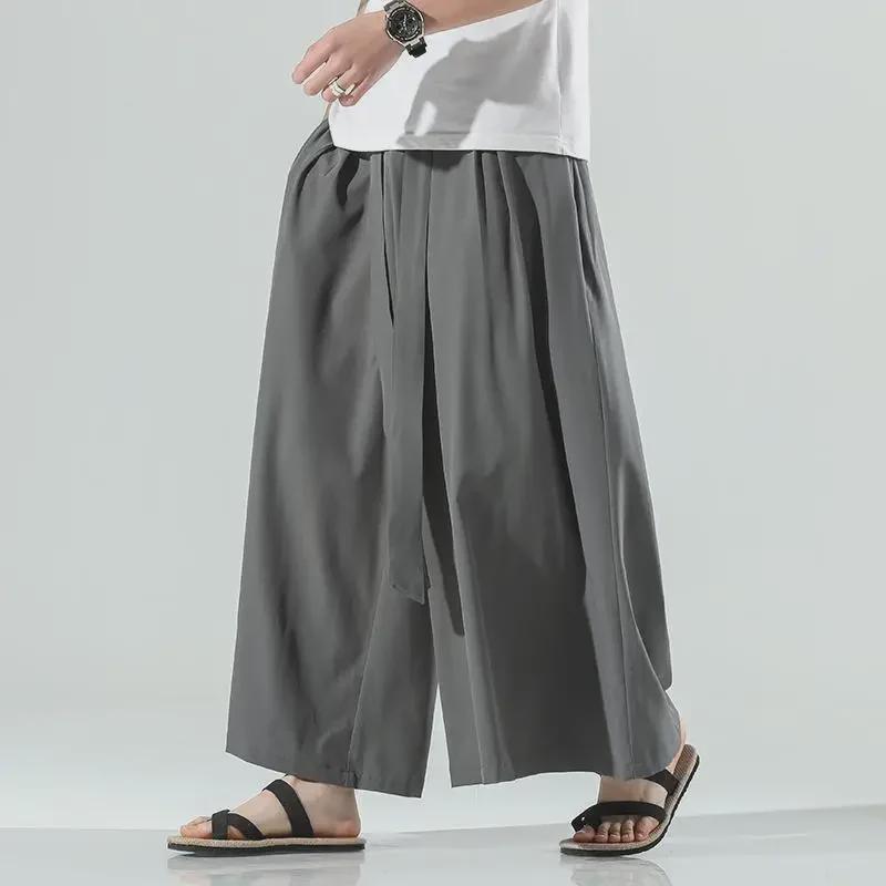 Men's Chinese Retro Tang Suit Ice Silk Wide-Leg Casual Trousers