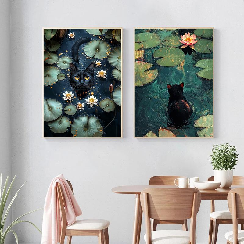 Retro Cute Black Cat And Lotus Landscap Canvas Paintings Impression Monet Posters and Prints Wall Pictures For Living Room Decor