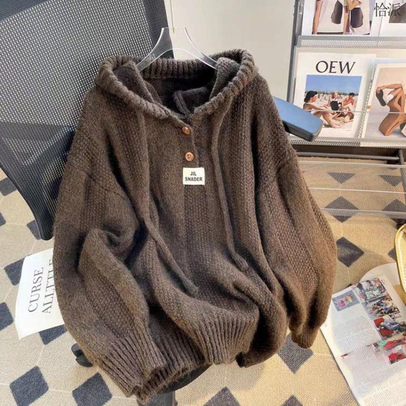 2026 Autumn/Winter Korean Loose Fit Hooded Sweater for Women - Soft, Thickened Knit with Drawstring.