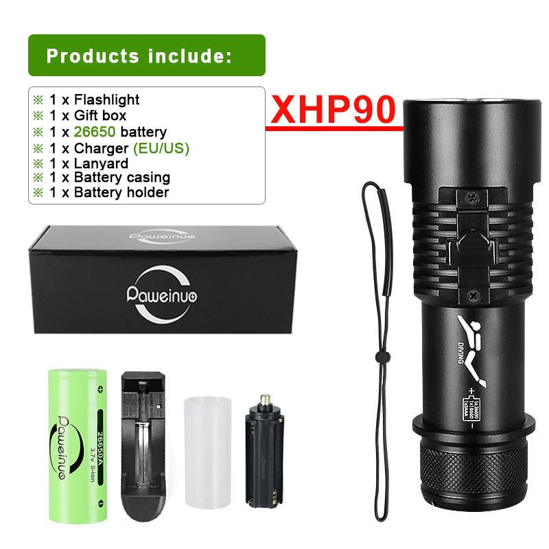 Профессиональный фонарь для дайвинга Подводный фонарь XHP90 18650 Мощный перезаряжаемый фонарь для дайвинга Водонепроницаемый ручной фонарь