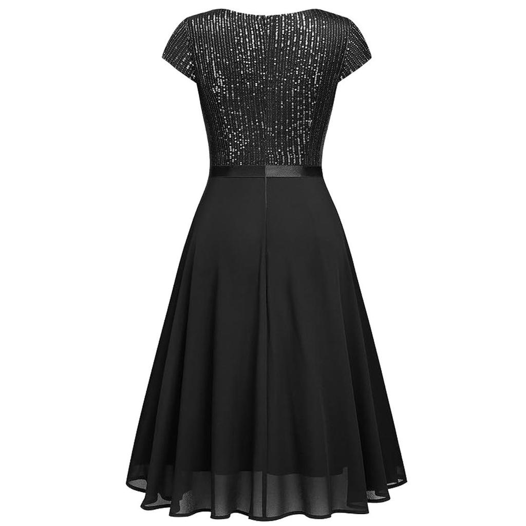 Women's Swing Dresses Sequin Round Neck Short Sleeves A Line Dress Chiffon Skirt Cocktail Party Evening Wedding Guest Outfits Bridesmaid Wear