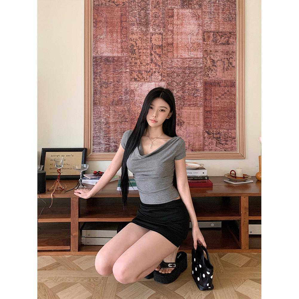 Design swinging collar short-sleeved T-shirt for women, summer new waist pinch slim and thin Korean top