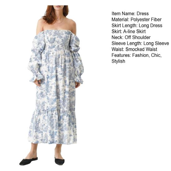Женское платье макси с открытыми плечами, длинными рукавами-фонариками, квадратным вырезом, струящимся платьем в стиле бохо с цветочным принтом, присборенной талией, длинное платье