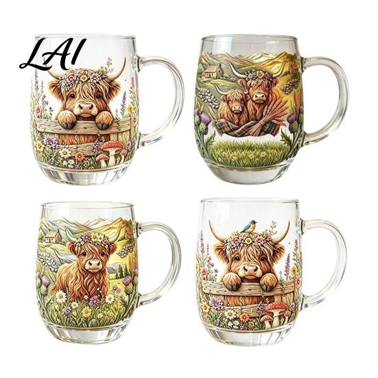 Festive Party Drinkware 350ML Hand-painted Highland Cow Glass Cattle Coffee Mug Reusable Glass Cups with Handle Heat-Resistant Tea Milk Water