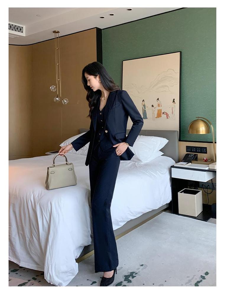 Эксклюзив бренда: Женский профессиональный высококачественный шерстяной костюм-тройка с жилетом и брюками микро-клеш для осени и весны