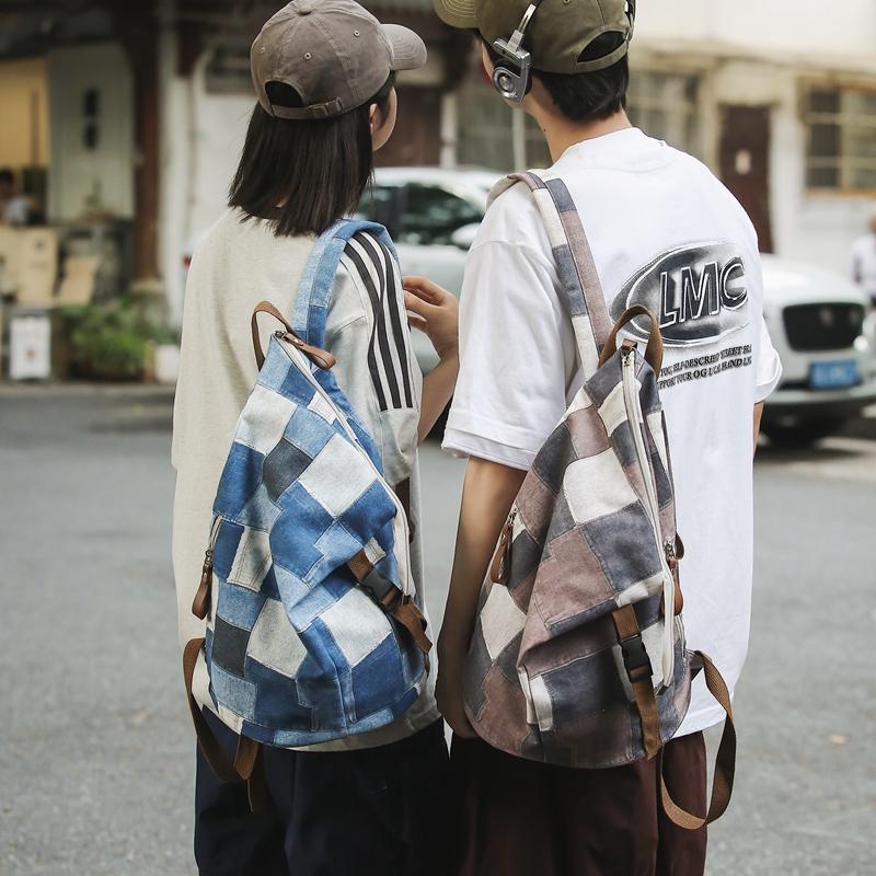 Джинсовый женский рюкзак с цветными блоками, мужские клетчатые рюкзаки, большая вместительная сумка на плечо, студенческая школьная сумка