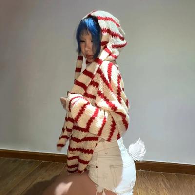 Японский кардиган с капюшоном в стиле Y2k 2000-х годов, эстетика, кроличьи уши, на молнии, вязаный, винтажный, Харадзюку, свитер с красной полоской, гранж