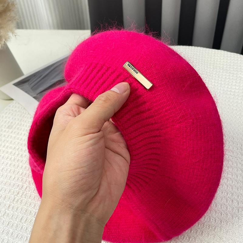 Rabbit Hair Beret Hat for Women Autumn Winter Korean Gray Painter Hats Retro Iron Logo Yarn Bud Caps