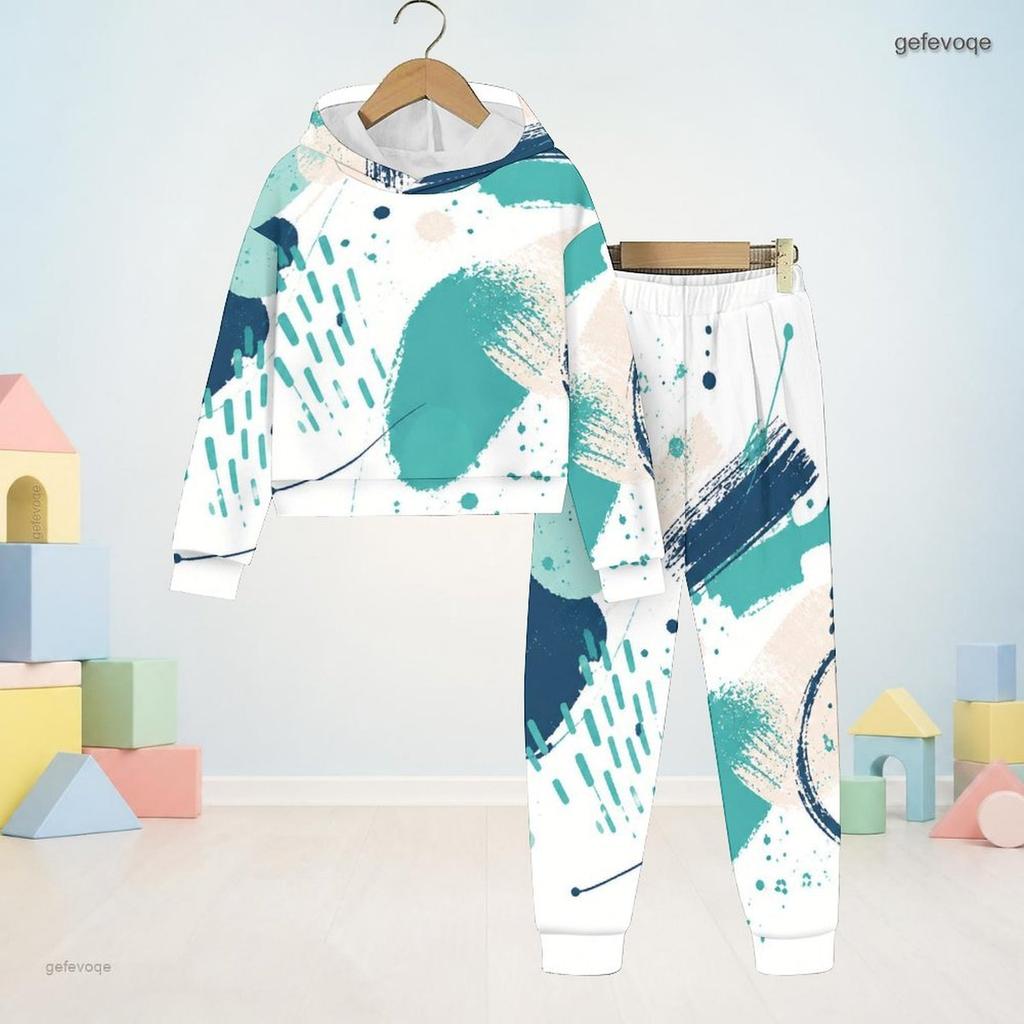 Kids Abstract Geometric Printed Hooded Long Sleeve Sweatshirt And Cuffed Pants Two Piece Set