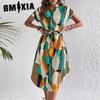 Women's Spring/Summer Resort Style Colour Block Dresses Tie Belt Short Sleeve Midi Dresses