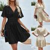 Women's Solid Color V-neck Lotus Leaf Sleeve Short Dress