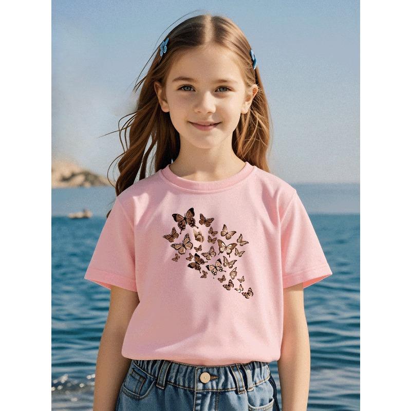 Girls Crew Neck Short Sleeve T-Shirt with Creative Brown Butterfly Print