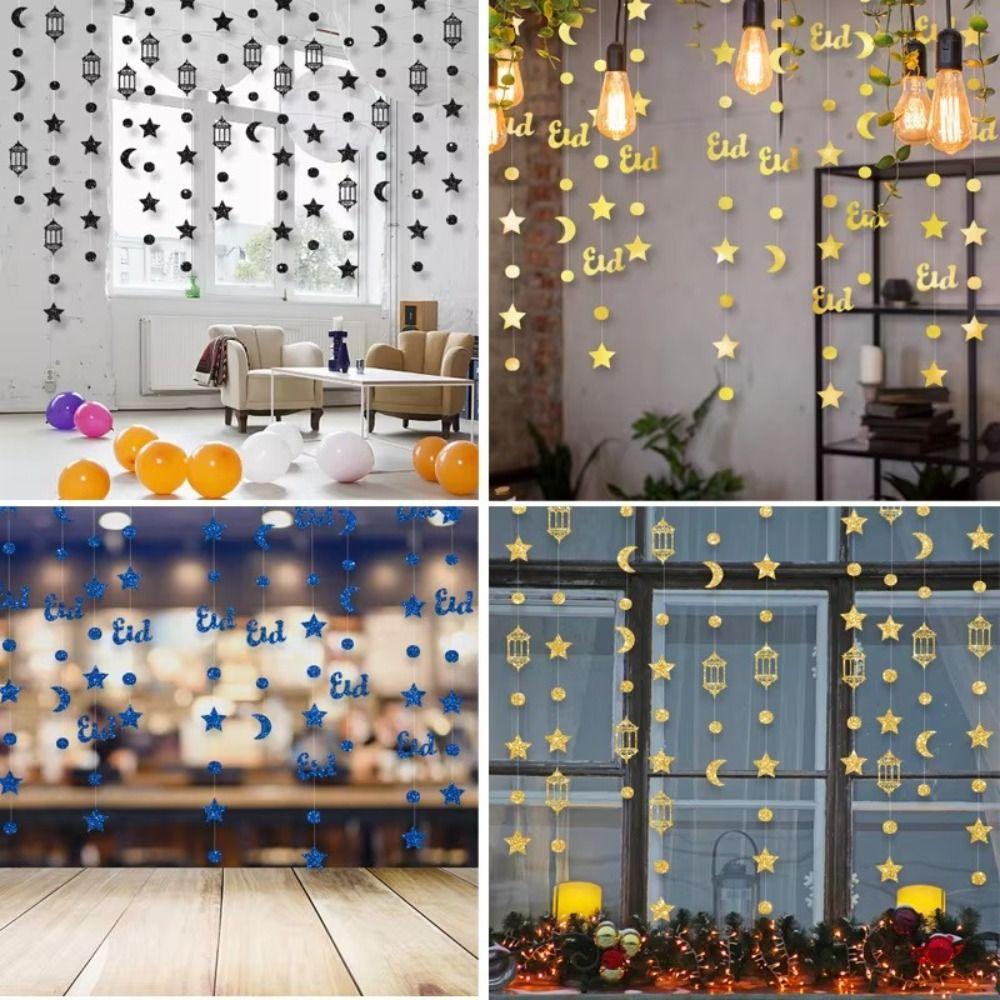 Gold Silver Eid Mubarak Banners DIY Paper Pull Flag Star Moon Lantern Glitter Paper Ceiling Hanging Hang Garland