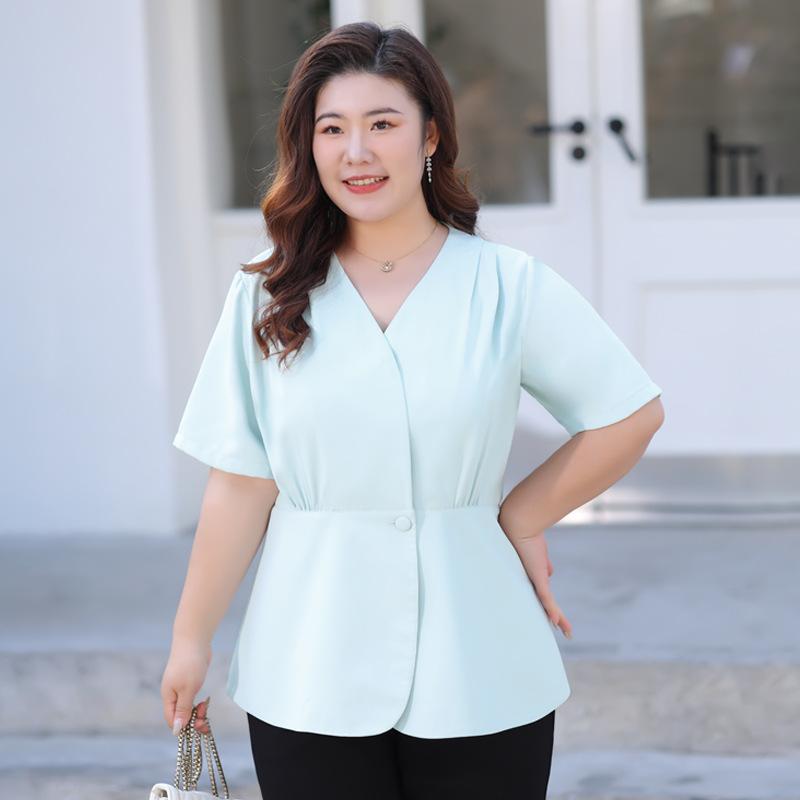 Plus-size Women's Summer V-neck Short-sleeved Shirt Slimming Concealing The Belly Cinching The Waist Stylish and Thin Top